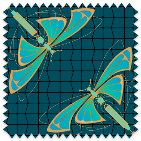 The artwork features two stylized dragonflies set against a dark teal grid-patterned background. Each dragonfly is rendered with bold, sweeping wings in shades of turquoise and blue accented with gold outlines. The wings are elaborately shaped with sharp, angular tips, and the dragonflies are poised in opposing diagonal positions, creating a sense of dynamic movement. Thin, delicate gold lines loop and swirl around the dragonflies, adding an intricate, flowing element to the composition. The overall design has a modern, geometric feel with a clean and decorative aesthetic.